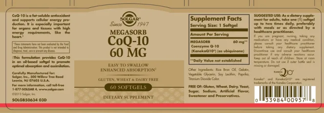 Label for Megasorb CoQ-10 60 mg