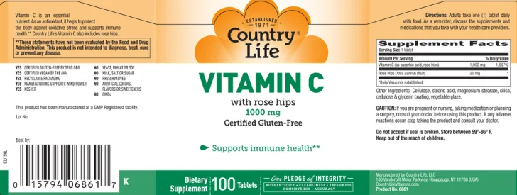 Label for Vitamin C With Rose Hips 1000 mg