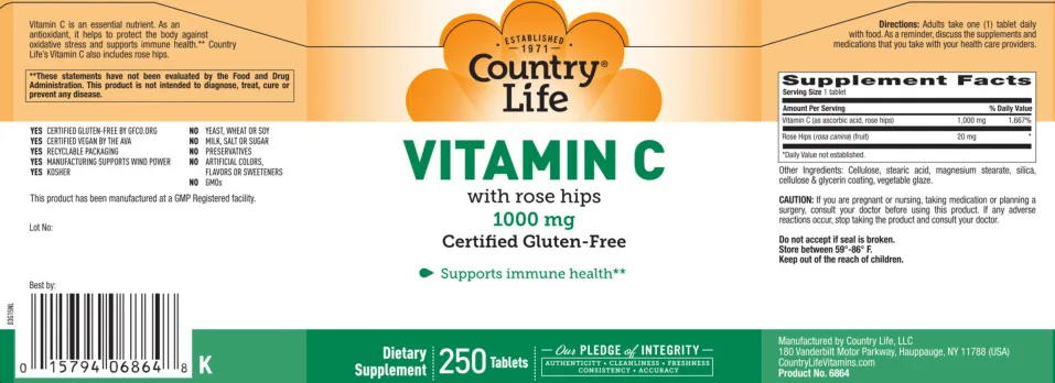 Label for Vitamin C With Rose Hips 1000 mg