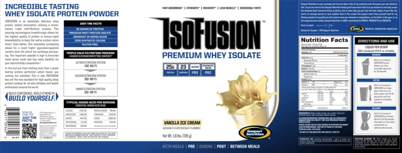 Label for IsoFusion Premium Whey Isolate Vanilla Ice Cream