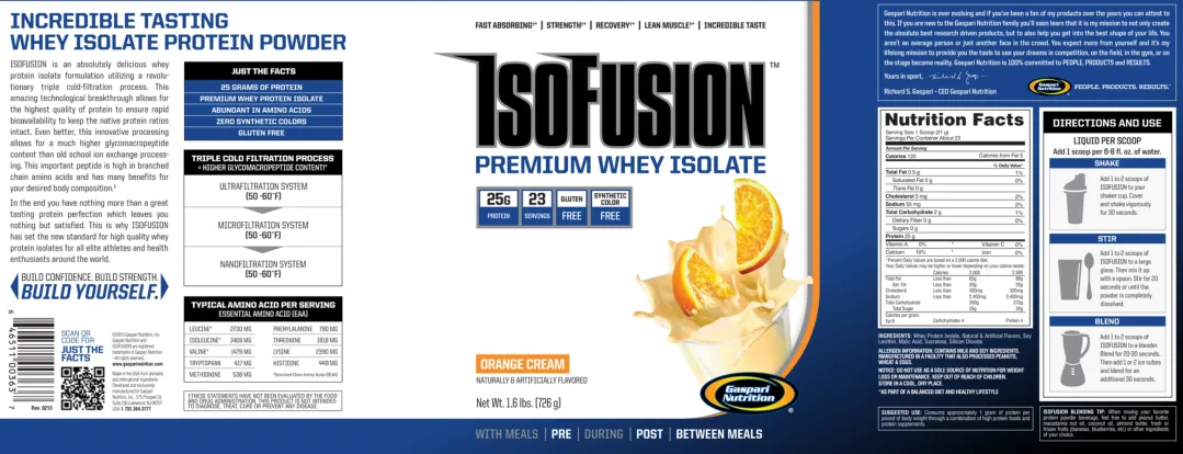 Label for IsoFusion Premium Whey Isolate Orange Cream