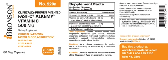 Label for Fast-C Alkemy Vitamin C 500 mg