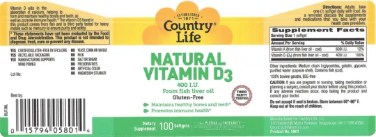 Label for Natural Vitamin D3 400 IU