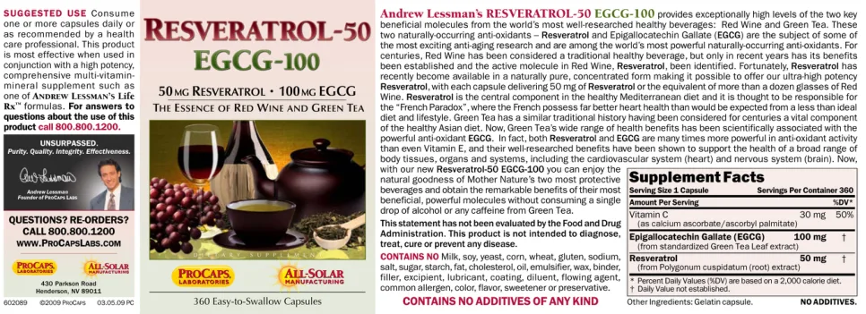 Label for Resveratrol- 50 mg EGCG - 100 mg