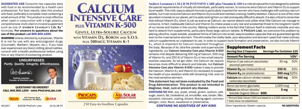 Label for Calcium Intensive Care Plus Vitamin K-500