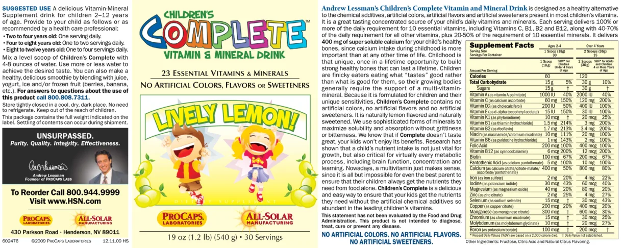 Label for Children's Complete Vitamin & Mineral Drink Lively Lemon!