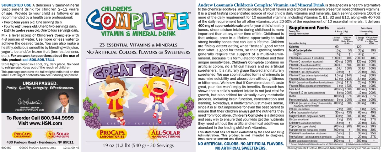 Label for Children's Complete Vitamin & Mineral Drink Great Grape!