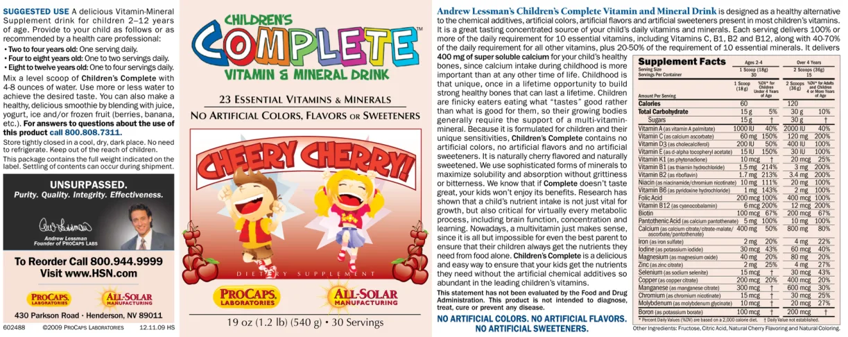 Label for Children's Complete Vitamin & Mineral Drink Cheery Cherry!