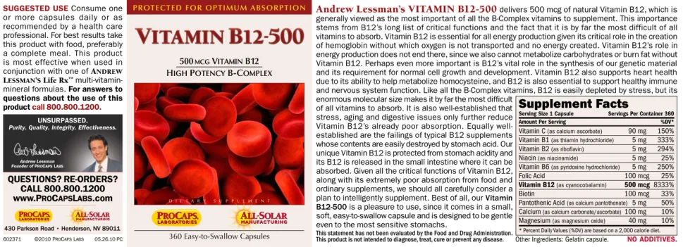 Label for Vitamin B12-500