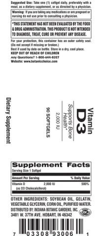 Label for Vitamin D3 2,000 IU