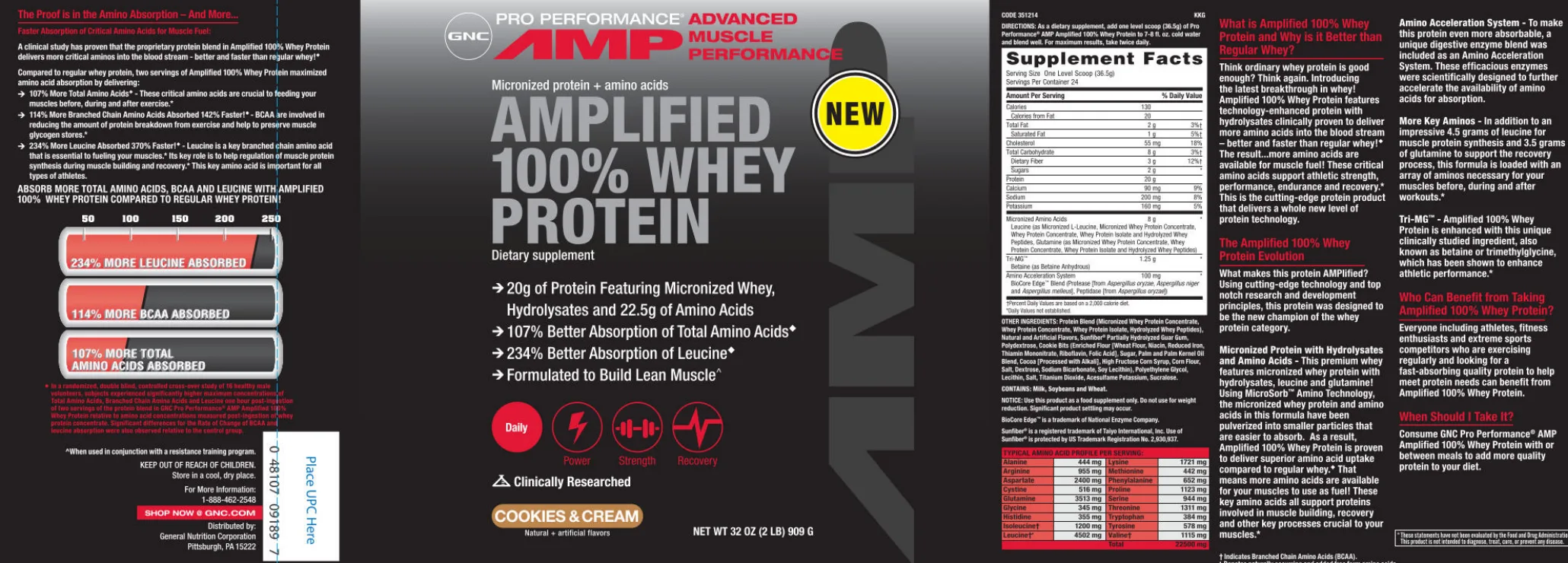 Label for Amplified 100% Whey Protein Cookies & Cream