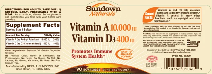 Label for Vitamin A 10,000 IU Vitamin D3 400 IU