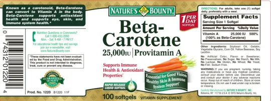 Label for Beta-Carotene 25,000 IU