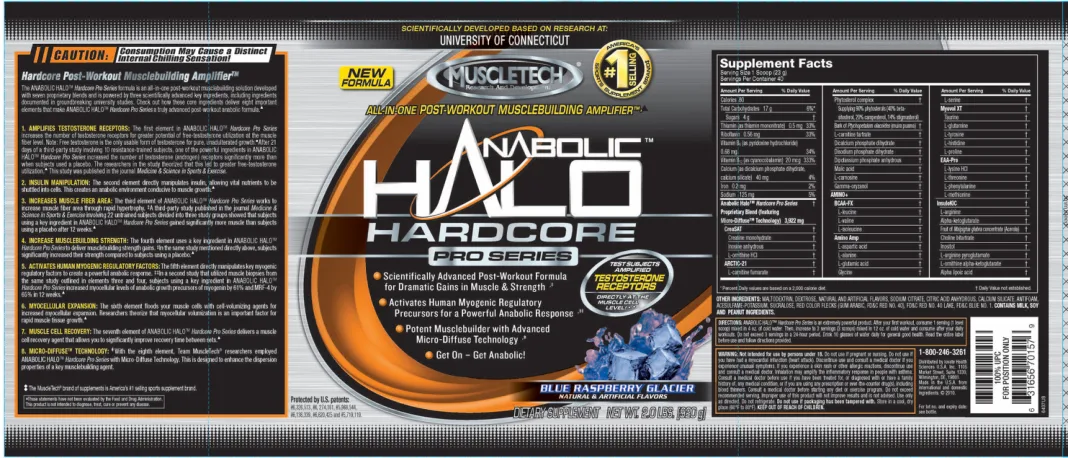 Label for Anabolic Halo Hardcore Pro Series Blue Raspberry Glacier