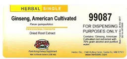 Label for Ginseng, American Cultivated