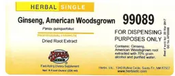 Label for Ginseng, American Woodsgrown