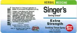 Label for Singer's Saving Grace Extra Strength Soothing Throat Spray