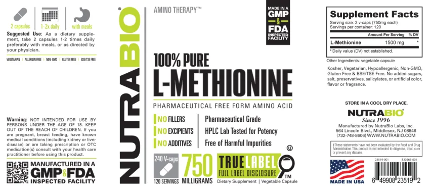 Label for 100% Pure L-Methionine 750 Milligrams