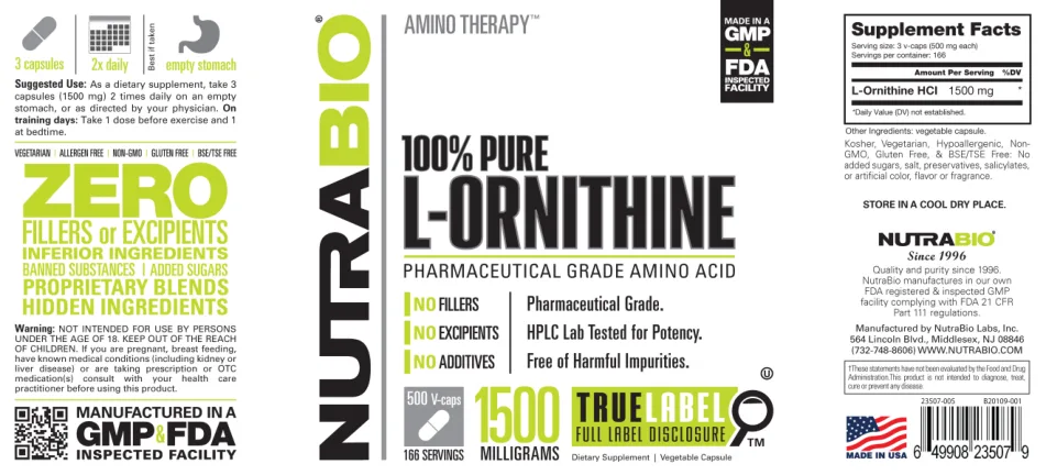 Label for 100% Pure L-Ornithine 1500 Milligrams