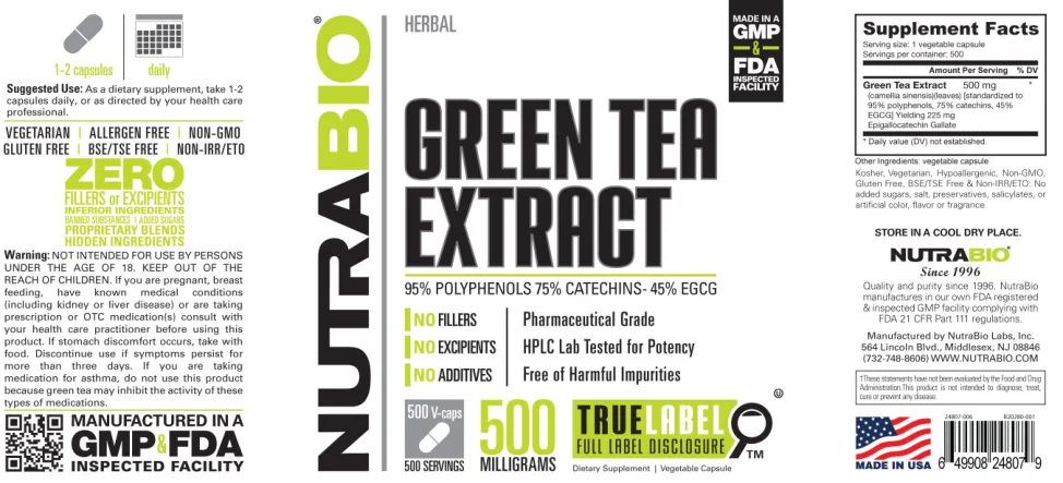 Label for Green Tea Extract 500 Milligrams