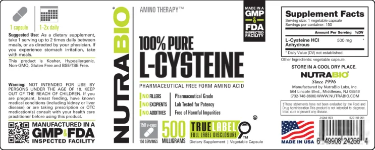 Label for 100% Pure L-Cysteine 500 Milligrams
