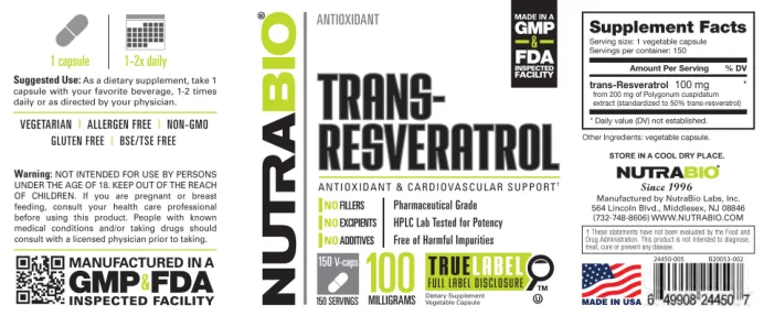 Label for Trans-Resveratrol 100 Milligrams