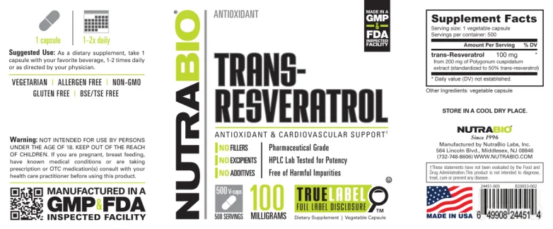Label for Trans-Resveratrol 100 Milligrams
