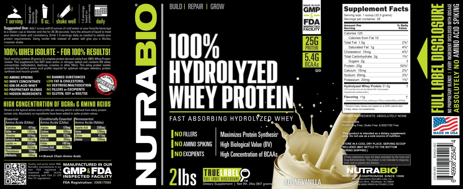 Label for 100% Hydrolyzed Whey Protein Alpine Vanilla