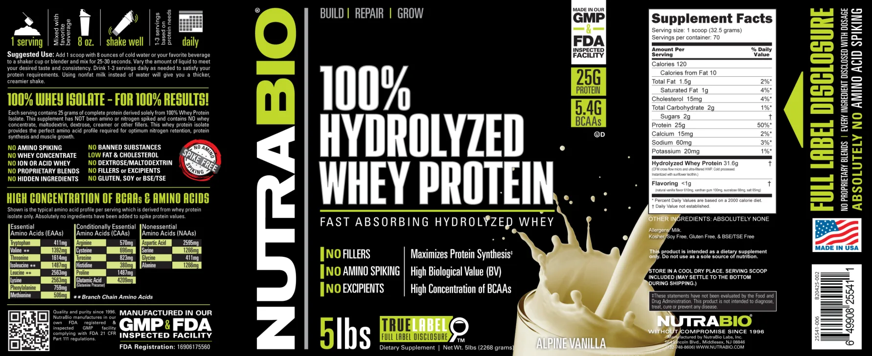 Label for 100% Hydrolyzed Whey Protein Alpine Vanilla
