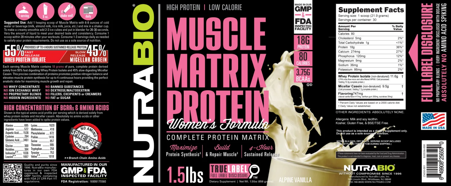 Label for Muscle Matrix Protein Women's Formula Alpine Vanilla