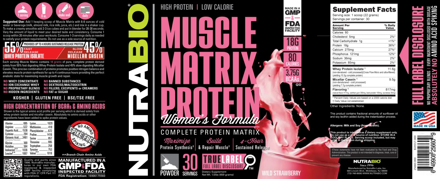 Label for Muscle Matrix Protein Women's Formula Wild Strawberry