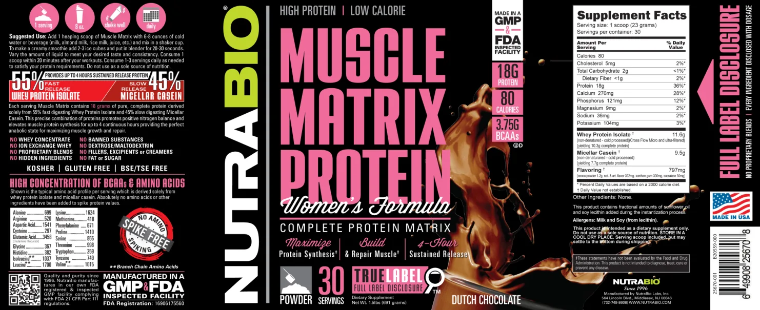 Label for Muscle Matrix Protein Women's Formula Dutch Chocolate