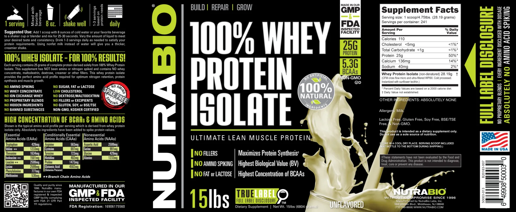 Label for 100% Whey Protein Isolate Unflavored