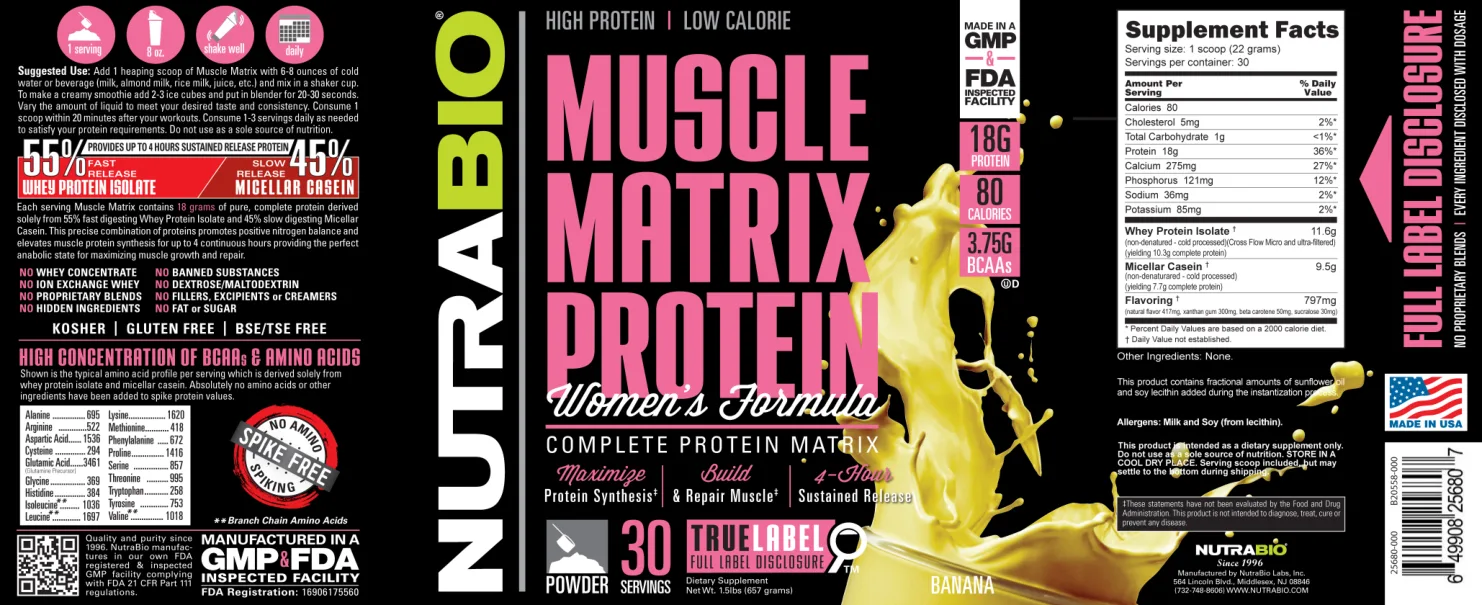 Label for Muscle Matrix Protein Women's Formula Banana