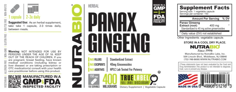 Label for Panax Ginseng 400 Milligrams