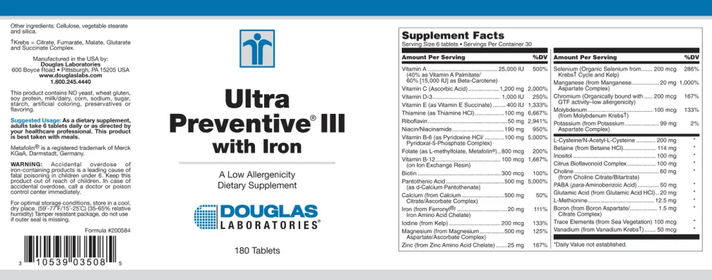 Label for Ultra Preventive III with Iron