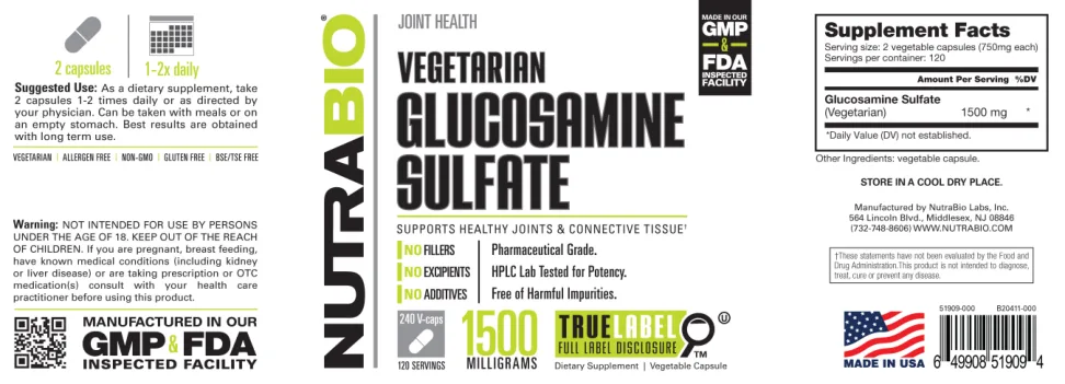 Label for Vegetarian Glucosamine Sulfate 1500 Milligrams
