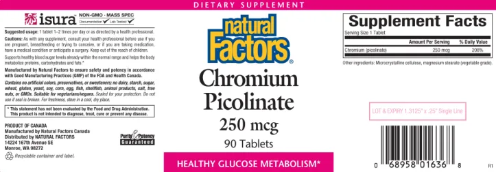 Label for Chromium Picolinate 250 mcg