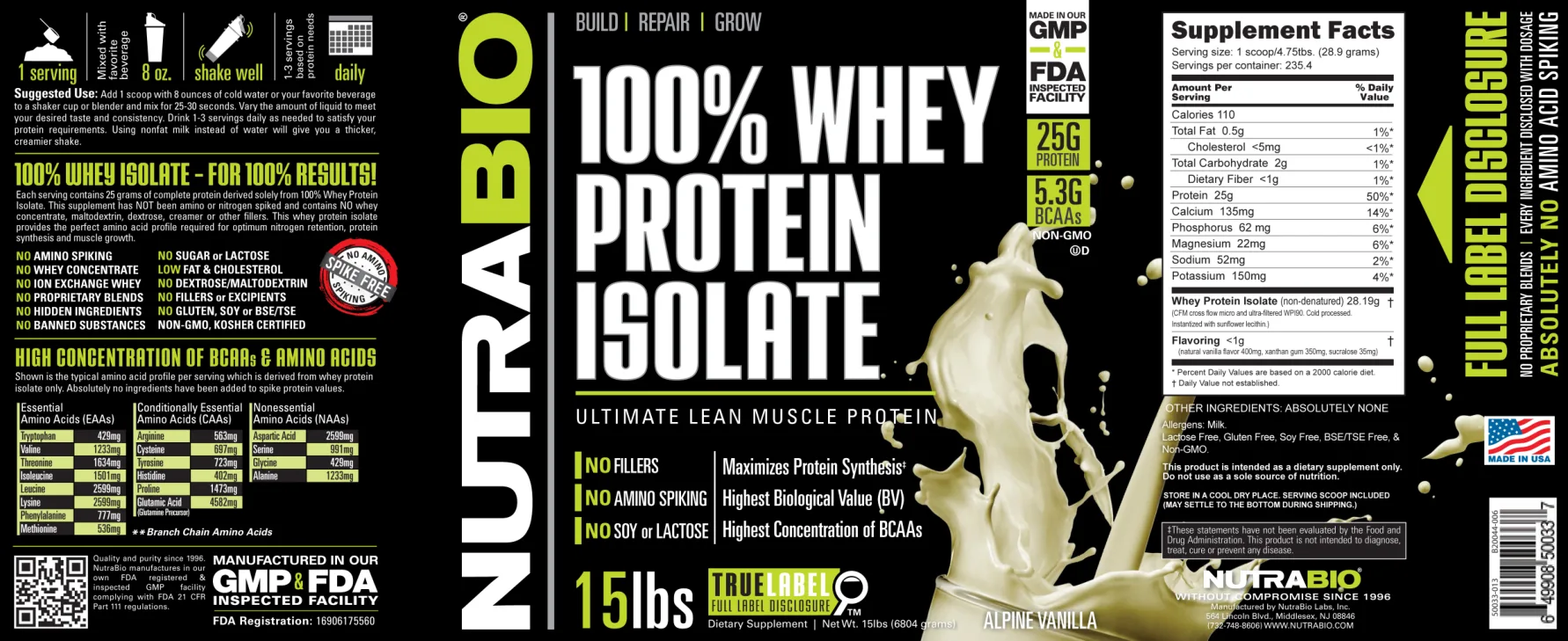 Label for 100% Whey Protein Isolate Alpine Vanilla