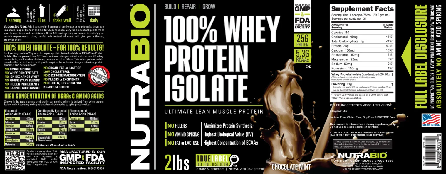 Label for 100% Whey Protein Isolate Chocolate Mint