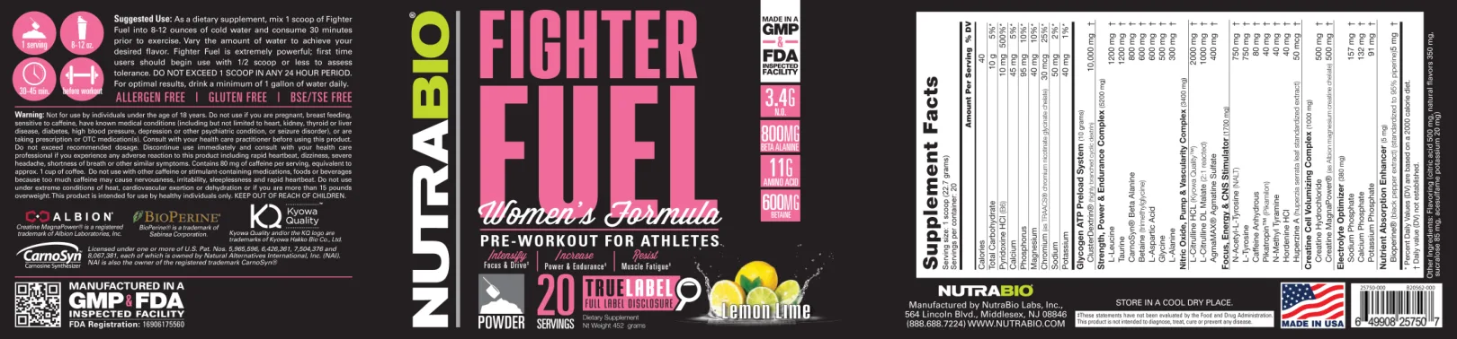 Label for Fighter Fuel Women's Formula Lemon Lime