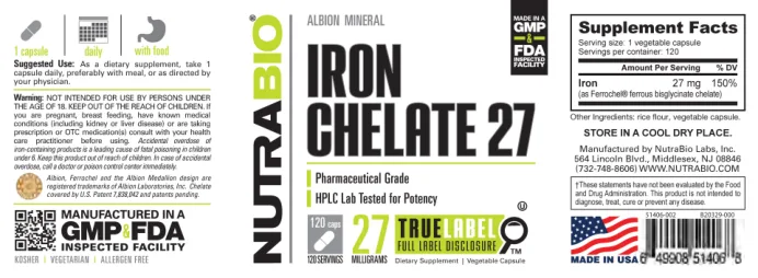Label for Iron Chelate 27 27 Milligrams
