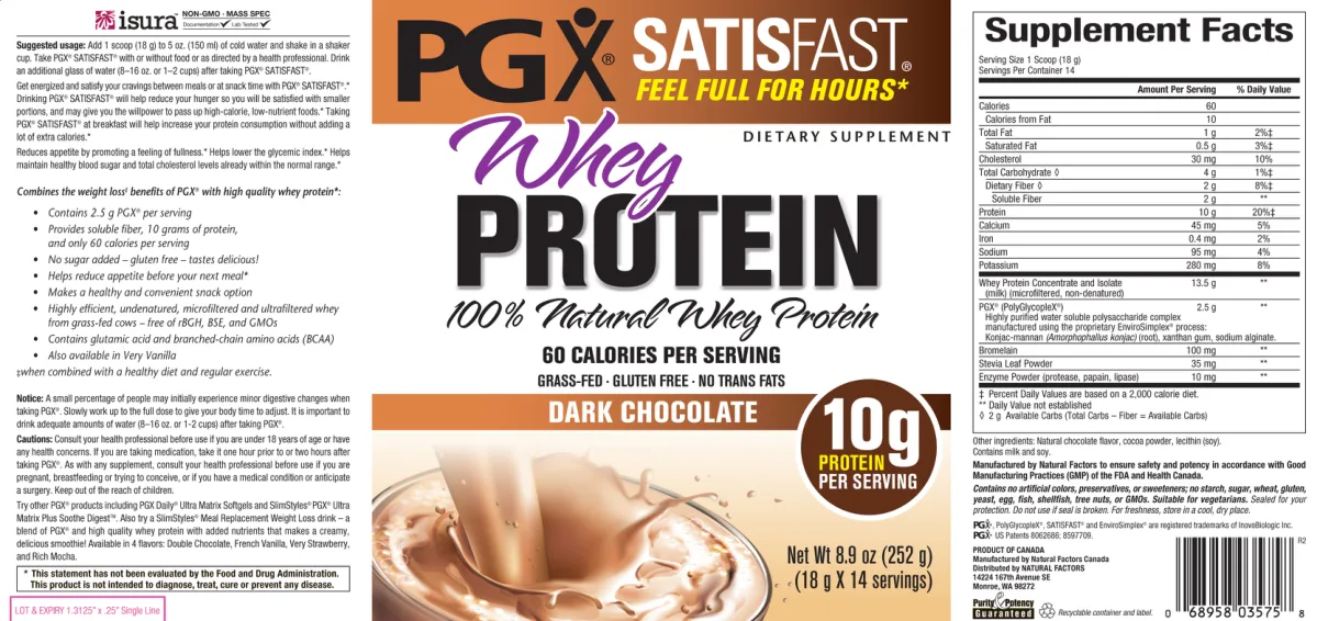 Label for PGX SATISFAST Whey Protein Dark Chocolate