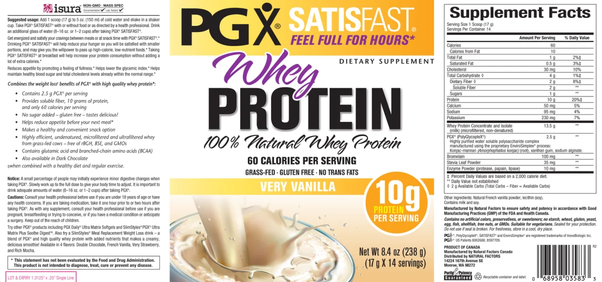Label for PGX SATISFAST Whey Protein Very Vanilla