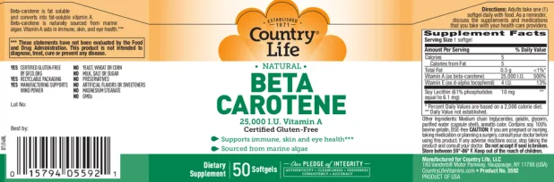 Label for Natural Beta Carotene 25,000 IU Vitamin A