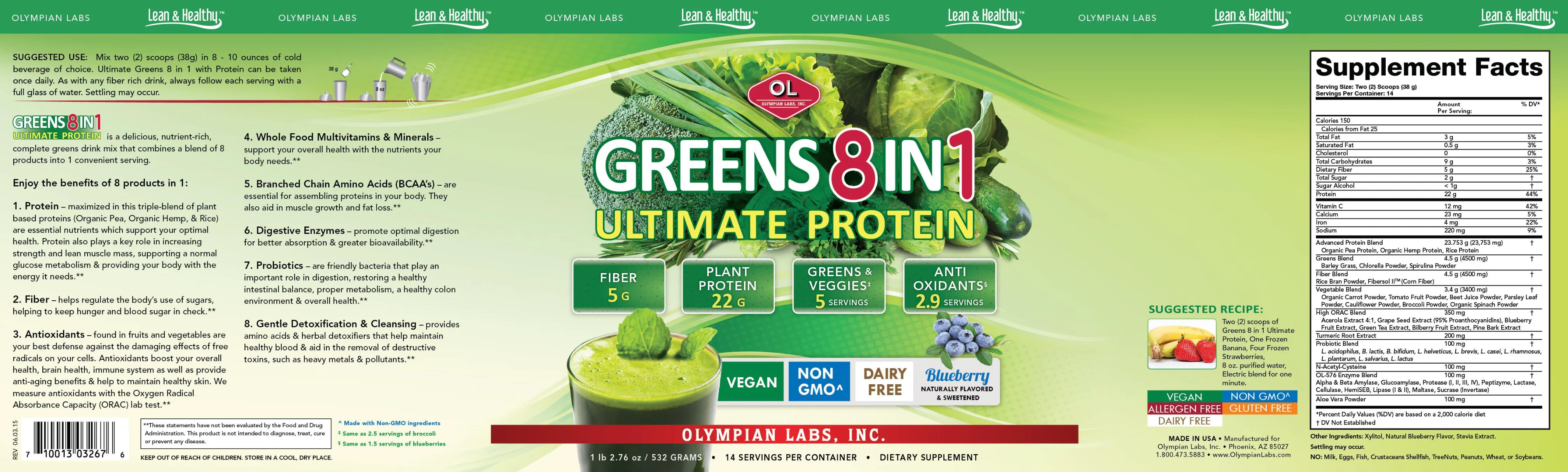 Label for Greens 8 in 1 Ultimate Protein Blueberry