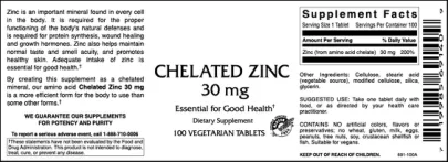 Label for Chelated Zinc 30 mg