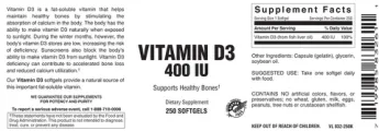 Label for Vitamin D3 400 IU