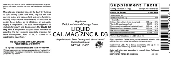 Label for Delicious Natural Orange Flavor Liquid Cal Mag Zinc & D3