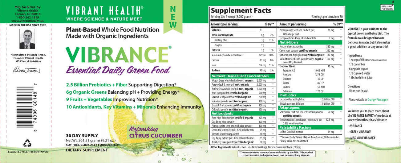 Label for Vibrance Essential Daily Green Food Citrus Cucumber